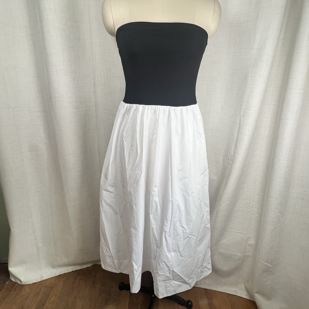 NEW! Babaton Aritzia Fluid Poplin Strapless Black White Midi Dress Large Flare